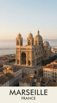 Marseille France Travel Poster Notre Dame Basilica Aerial Coastal Sunset