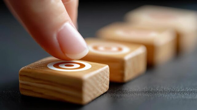 Precision and Purpose: A hand delicately aligns a wooden block etched with a target symbol, part of a linear progression. This close-up composition emphasizes focus and direction.