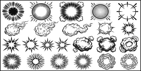 Vintage Comic Explosion and Smoke Burst Collection with Retro Sunburst and Cloud Effects Vector Illustration Set © MST HASMOTARA