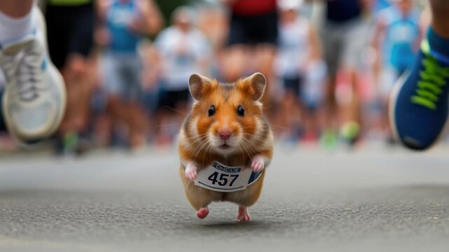 Hamster's Marathon Endeavor: In a whimsical scene, a determined hamster with a race bib navigates a marathon, showcasing courage amidst human participants, symbolizing resilience.