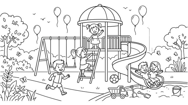 Children playing on playground slide swing and sandbox summer day