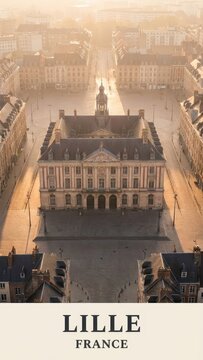 Lille France Travel Poster Grand Place Square Aerial Golden Morning Cityscape