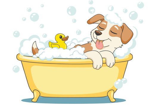 Cute cartoon dog taking a bubble bath in a blue bathtub with soap foam and rubber duck