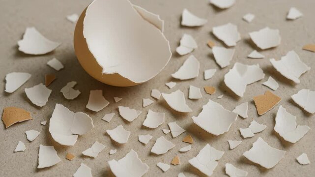Eggshell Fragments: A close-up showcases a scatter of delicate eggshell fragments, highlighting the fragile nature of new beginnings and the remnants of potential.