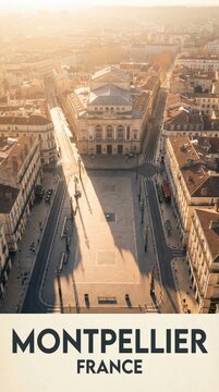 Montpellier France Travel Poster Opera Square Aerial Golden Morning Cityscape
