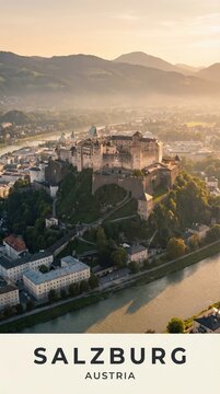 Salzburg Austria Hohensalzburg Fortress Historic Alpine City Travel Poster