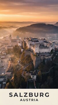 Salzburg Austria Hohensalzburg Fortress Historic Alpine City Travel Poster