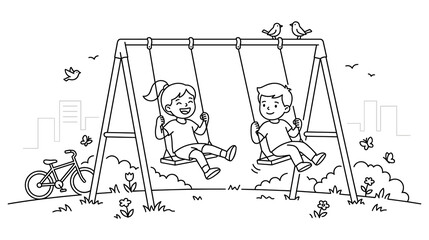 Kids playing on swing set coloring book illustration with city skyline