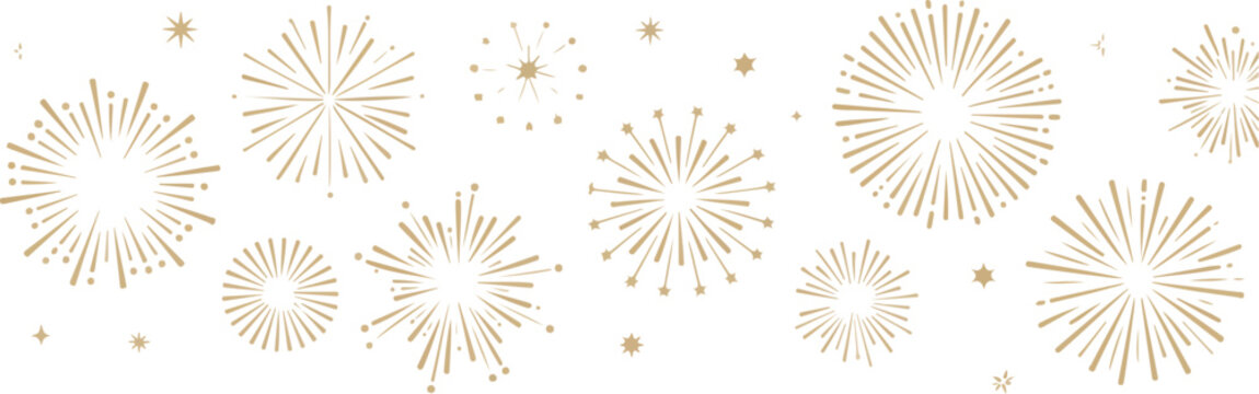 Gold fireworks border divider with sparkling celebration elements festive holiday banner decoration vector illustration design