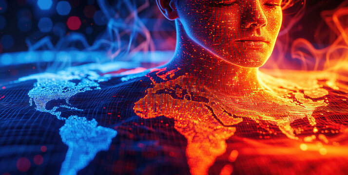 Digital Portrait of a Woman with Glowing World Map and Neon Lights