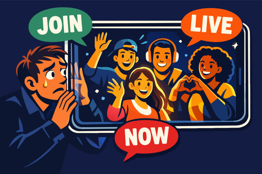 Person looking sadly at a smartphone displaying a group of friends interacting happily on a live video stream, feeling excluded
