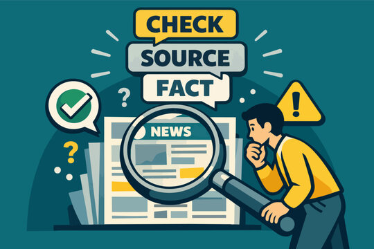 Person checking news, fact verification, source investigation, media literacy, truth, journalism, misinformation online