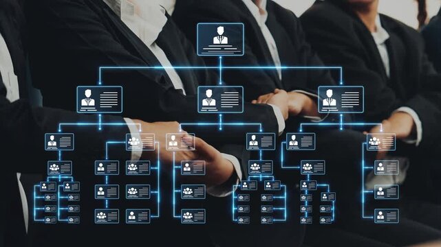Modern business team engaged in a collaborative meeting, showcasing an organizational chart with a digital interface, emphasizing strategy and productivity. Raster