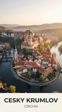 Cesky Krumlov Czechia Travel Poster Castle River Aerial Misty Morning