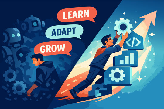 Human adapting to ai and automation, learning and growing skills for career progress and future technology