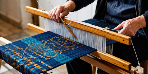 Person weaving intricate blue and gold fabric on a wooden loom with shuttle tool