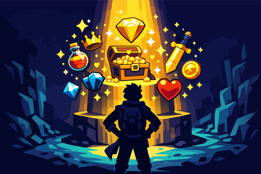 Adventurer discovering treasure and game loot in a dark cave, finding valuable rewards and fantasy items