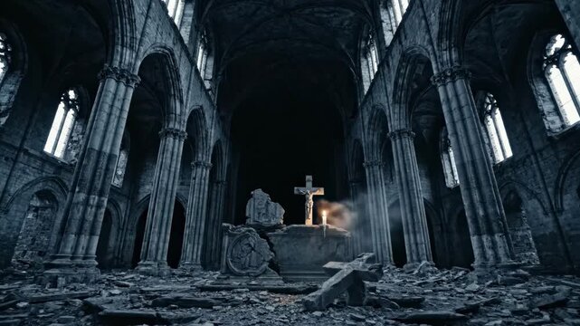 A somber, atmospheric image of a decaying cathedral. Evokes feelings of loss, remembrance, and the passage of time &ndash; perfect for illustrating faith, h