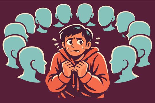 Young man feeling anxious and nervous, surrounded by blank faces, symbolizing social fear, shyness, and mental health issues