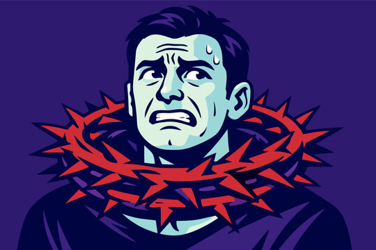 Man wearing a sharp thorn collar around his neck, looking distressed and experiencing pain, fear, and struggle