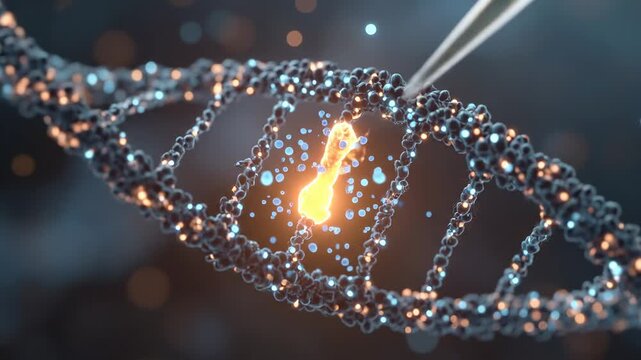 Futuristic Genetic engineering concept: Pipette dripping chemical liquid onto a glowing DNA helix to transform the molecule. Modern biotechnology and molecular research