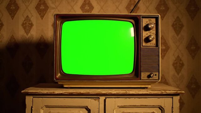 Vintage retro television with green screen mockup on cabinet in nostalgic interior room for chroma key template and classic media technology concept
