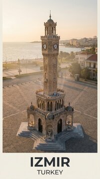 Izmir Turkey Clock Tower Waterfront Travel Poster