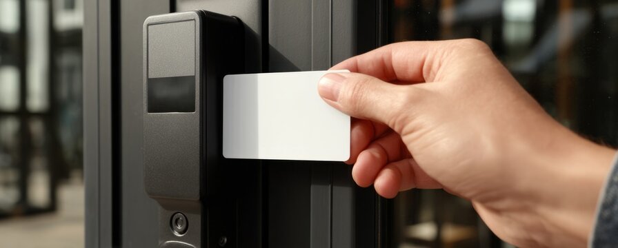 An office worker's hand inserting a white access card into a modern black security card reader