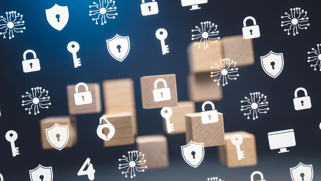Wooden blocks with security icons scattered among a field of glowing digital protection symbols.