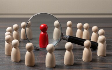 Obraz premium Red figure highlighted by magnifying glass among many wooden pegs