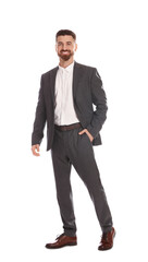 Smiling businessman in suit on white background