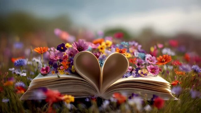 Romantic love theme for Valentines Day. An open book with a heartshaped page, surrounded by vibrant flowers, set against a blurred background.