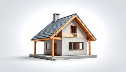 Detailed model of a two-story house with gray tile roof and wooden frame construction