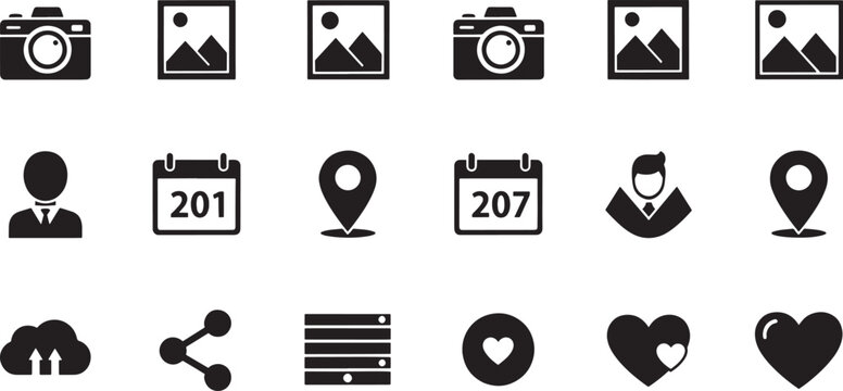 Collection of black for calendar location user cloud share and hearts white camera landscape mountain