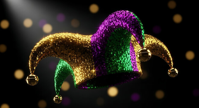 3D glitter jester hat with multicolor sparkles and golden bells on dark festive background for party celebrations