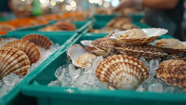 Fresh raw scallops in shells displayed on crushed ice in plastic crates at a local seafood market.