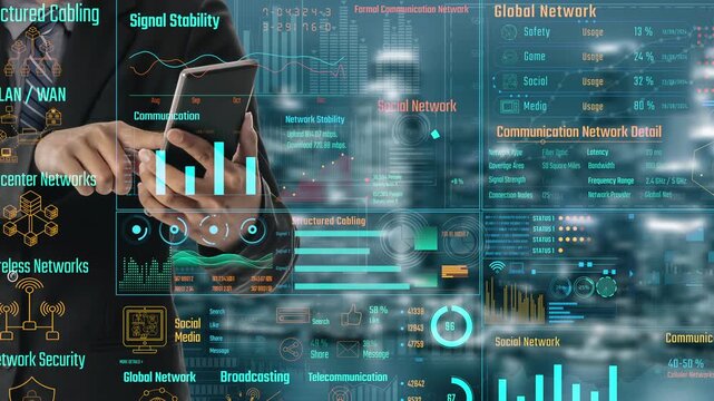 Data center monitoring dashboard visualize network performance, connection status, usage rate, and telecommunication insight. Data center monitoring efficiency improvement network transparency. Thunk