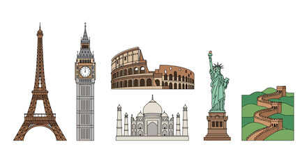 Obraz premium A vector graphic illustration of famous landmarks from around the world in a flat design style