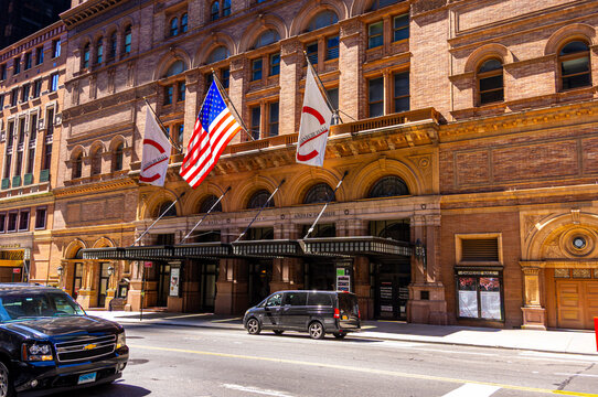 New York, NY &mdash; June 16, 2018: The historic Carnegie Hall concert venue along Seventh Avenue in Midtown Manhattan.