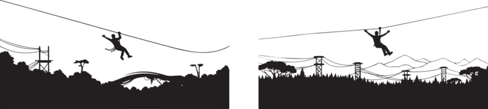 Set of 2 ziplining silhouettes vector
