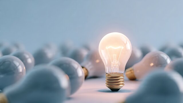 Illuminated Light Bulb Surrounded by Unlit Bulbs.