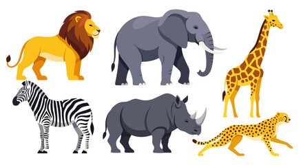 Fototapeta premium A colorful vector illustration of six African savannah animals standing together in a flat design style