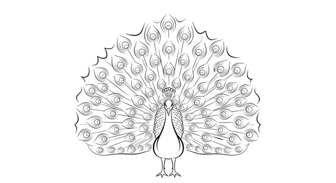 A minimalist line art illustration of a peacock with its vibrant feathers spread out in a circular motion.