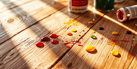 Colorful Paint Drops on Wooden Table with Tubes and Bottles