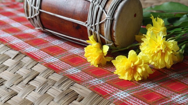 Traditional Assamese dhol drum placed on gamosa cloth with yellow marigold flowers. Cultural still life representing Bohag Bihu festival, Assamese music traditions and spring harvest celebration
