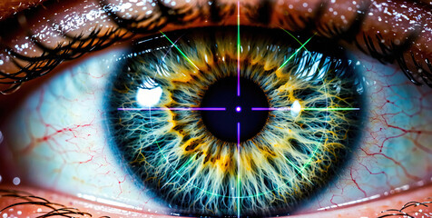 Close-up of a Human Eye with Colorful Iris and Retina Details, Crosshair Overlay