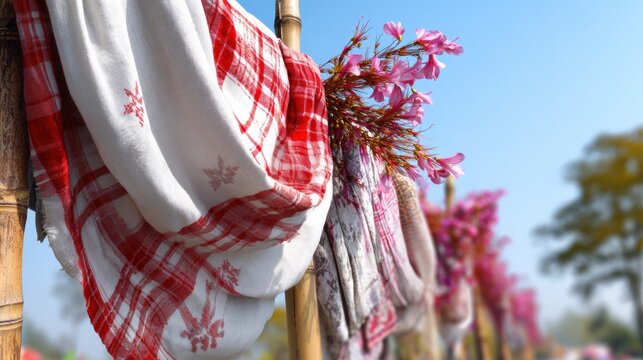 Close view of traditional red and white Assamese gamosa hanging on bamboo poles with flowers. Symbolic textile used during Bohag Bihu festival. Spring celebration and Assamese cultural tradition
