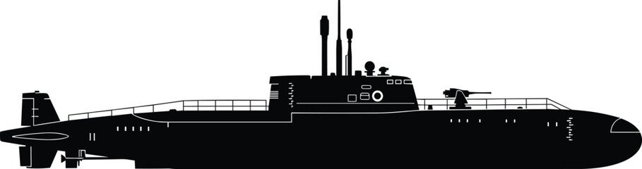 Military submarine silhouette side view featuring naval underwater vessel, maritime defense technology, army navy fleet equipment, isolated black vector illustration © Jakir
