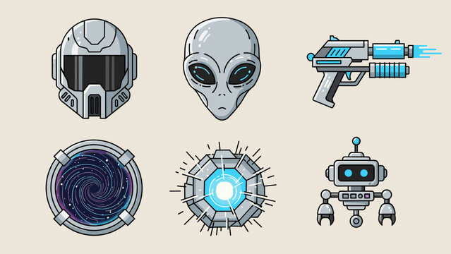 A set of six futuristic space icons including an alien head, robot, and laser gun in a flat minimal design style.