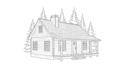 Naklejka premium A minimalist line art illustration of a cozy cabin in the woods with a chimney and trees
